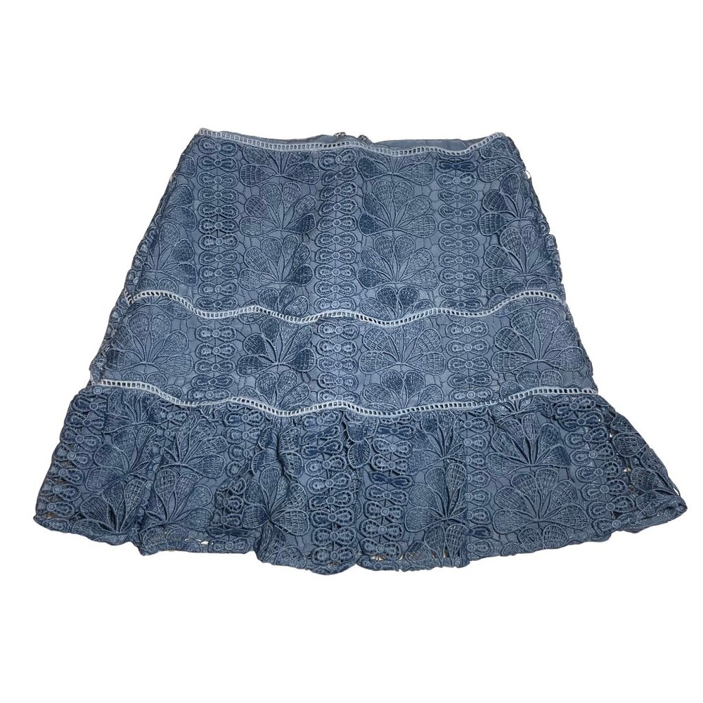 Lovers + Friends Steel Blue Lace Overlay Straight Short Mini Skirt